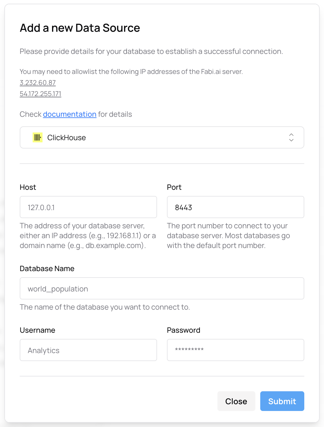 Форма с учетными данными ClickHouse