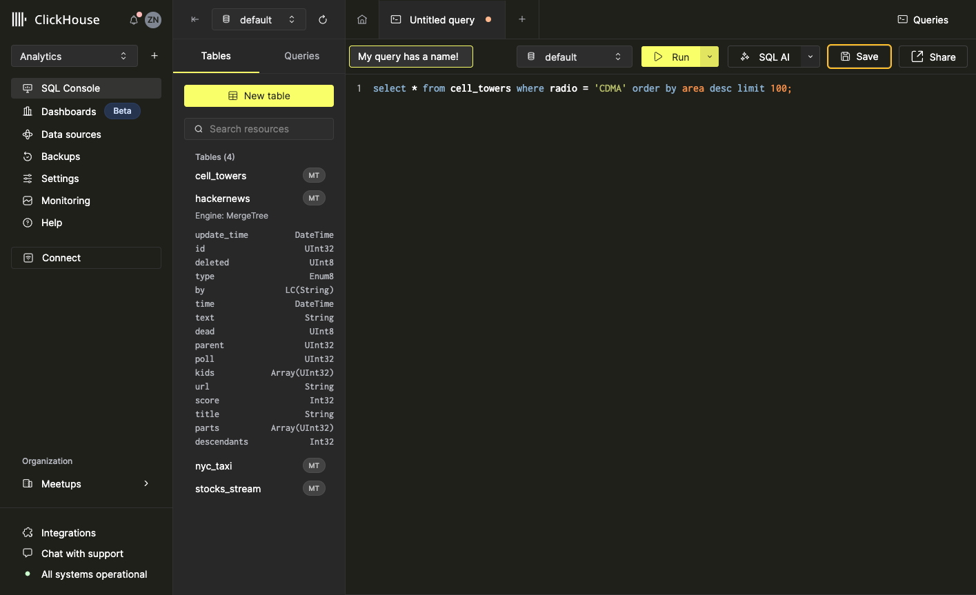 Интерфейс, показывающий, как переименовать запрос с названия Untitled Query